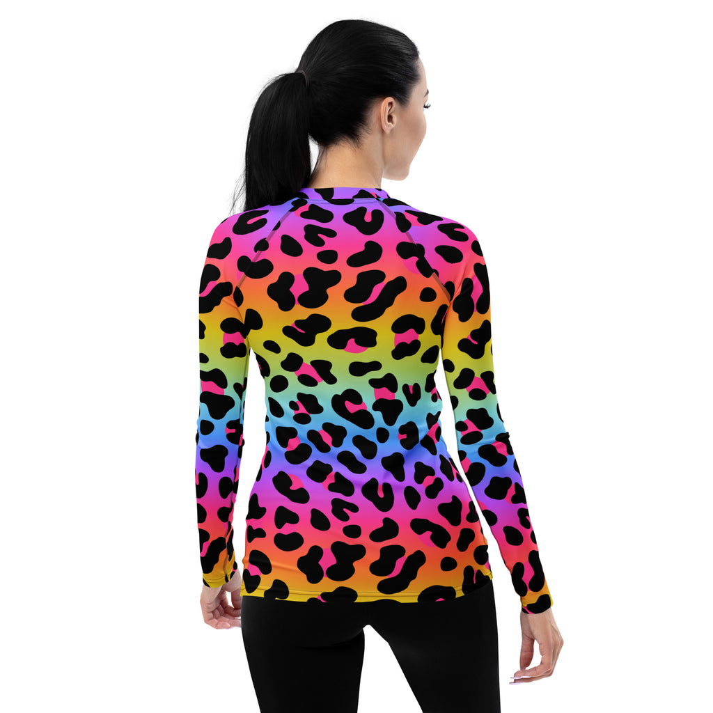 Women's Rainbow Leopard Long Sleeve Rash Guard Swim Shirt – Buttery Soft, Sun Safe UPF 50+ Protection, Quick Dry & 4-Way Stretch Comfort