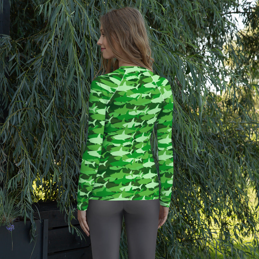 Women's Green Shark Camouflage Long Sleeve Rash Guard Swim Shirt – Buttery Soft, Sun Safe UPF 50+ Protection, Quick Dry & 4-Way Stretch Comfort