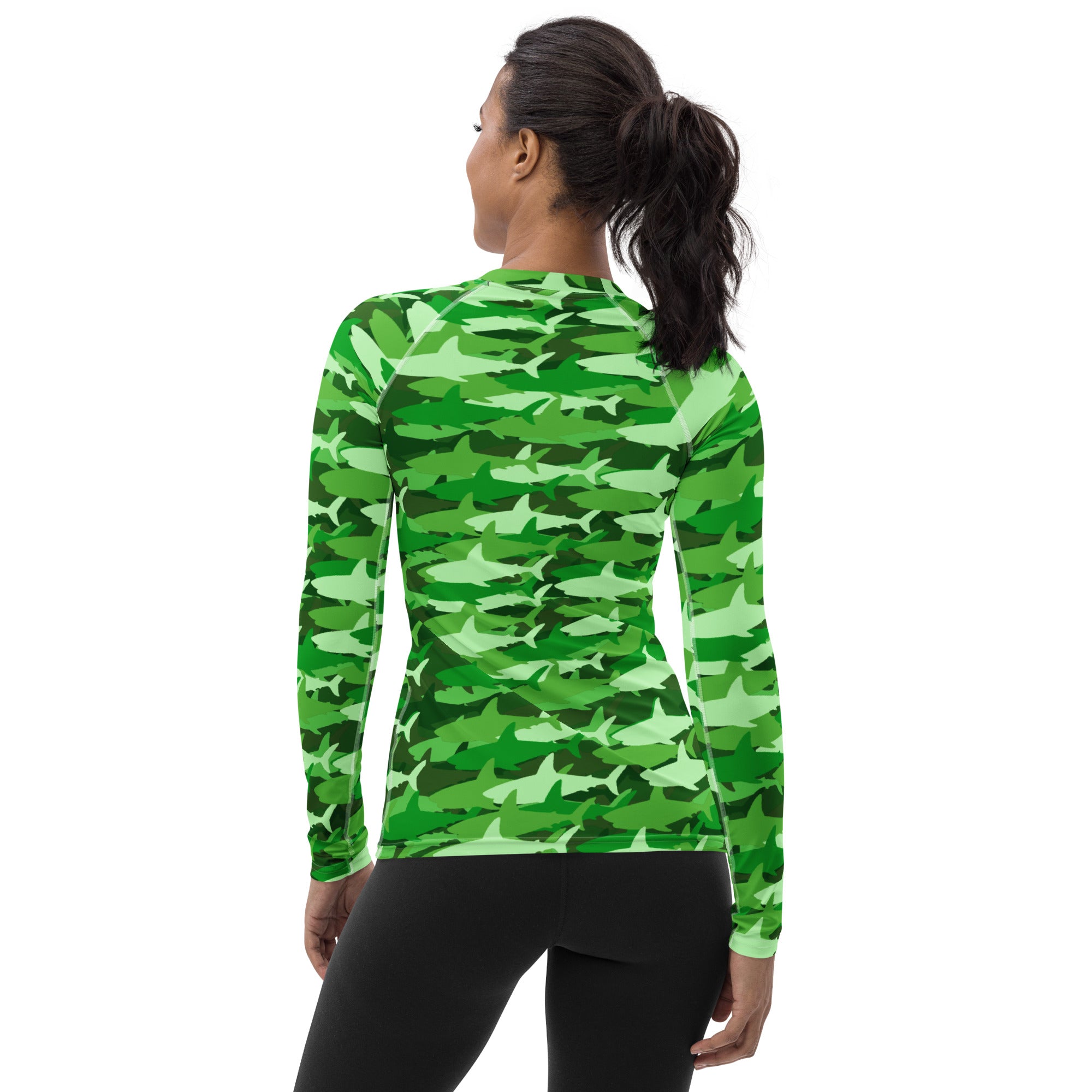 Women's Green Shark Camouflage Long Sleeve Rash Guard Swim Shirt – Buttery Soft, Sun Safe UPF 50+ Protection, Quick Dry & 4-Way Stretch Comfort
