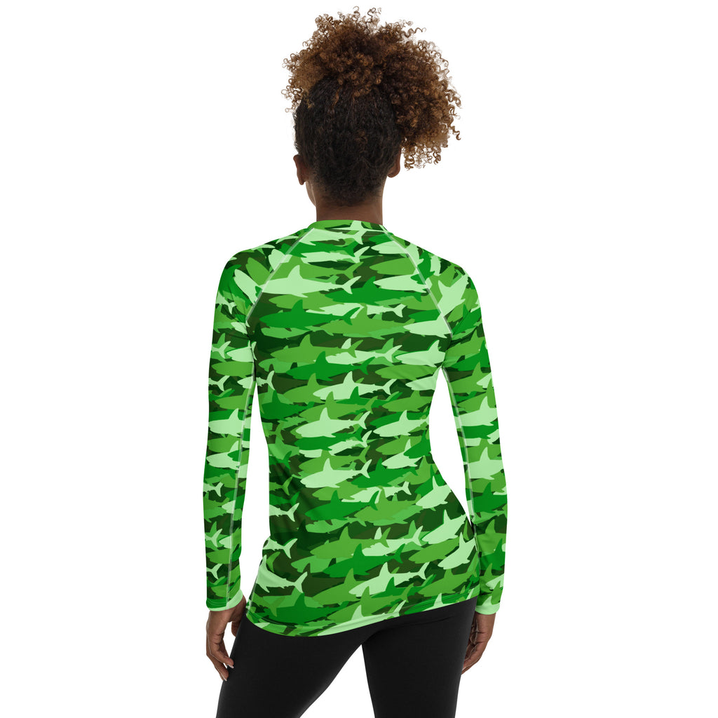 Women's Green Shark Camouflage Long Sleeve Rash Guard Swim Shirt – Buttery Soft, Sun Safe UPF 50+ Protection, Quick Dry & 4-Way Stretch Comfort