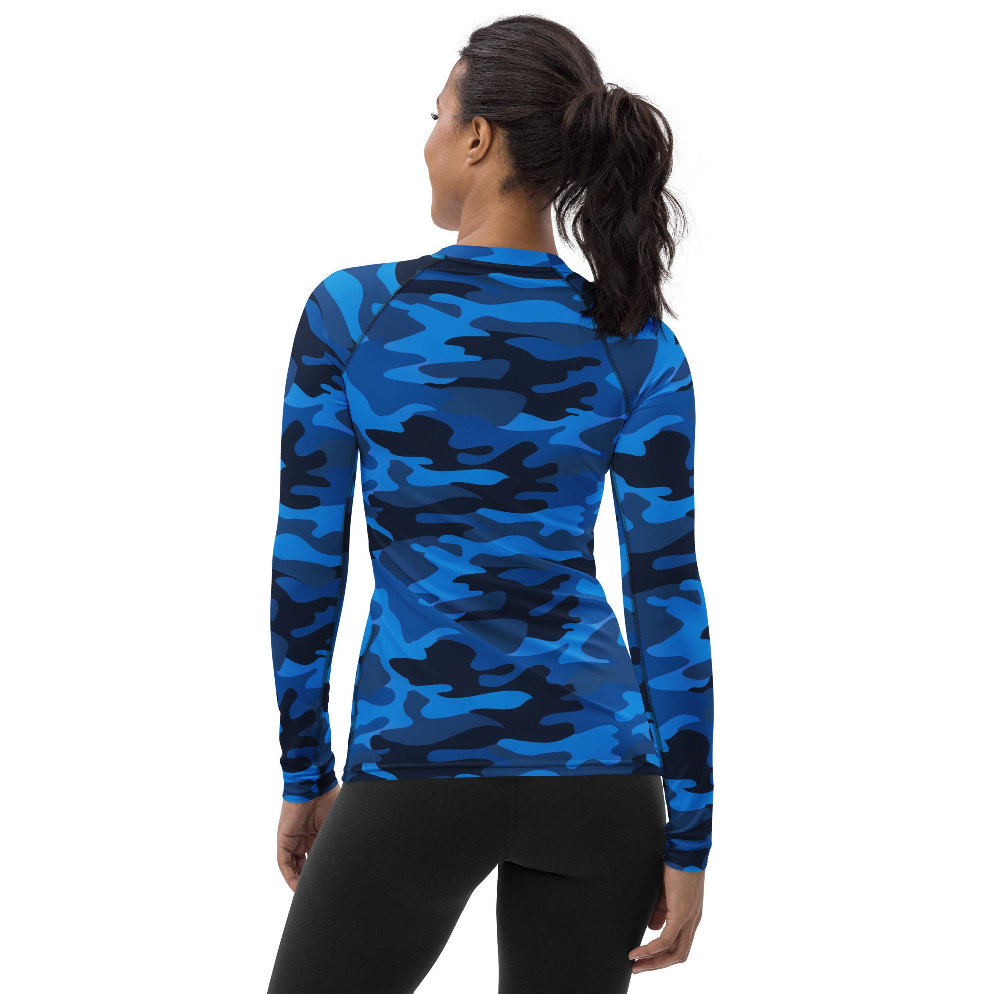Women's Blue Camouflage Long Sleeve Rash Guard Swim Shirt – Buttery Soft, Sun Safe UPF 50+ Protection, Quick Dry & 4-Way Stretch Comfort