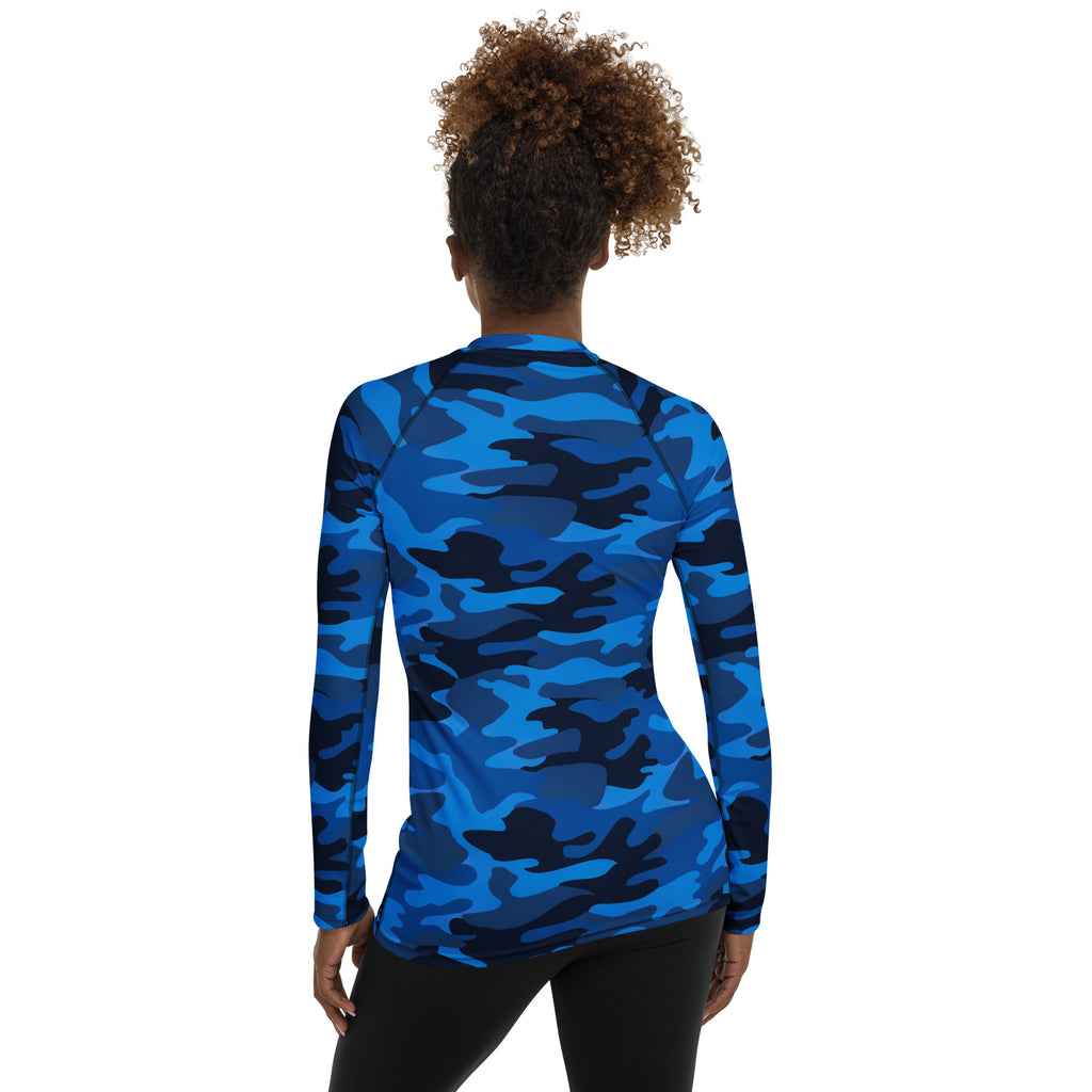 Women's Blue Camouflage Long Sleeve Rash Guard Swim Shirt – Buttery Soft, Sun Safe UPF 50+ Protection, Quick Dry & 4-Way Stretch Comfort