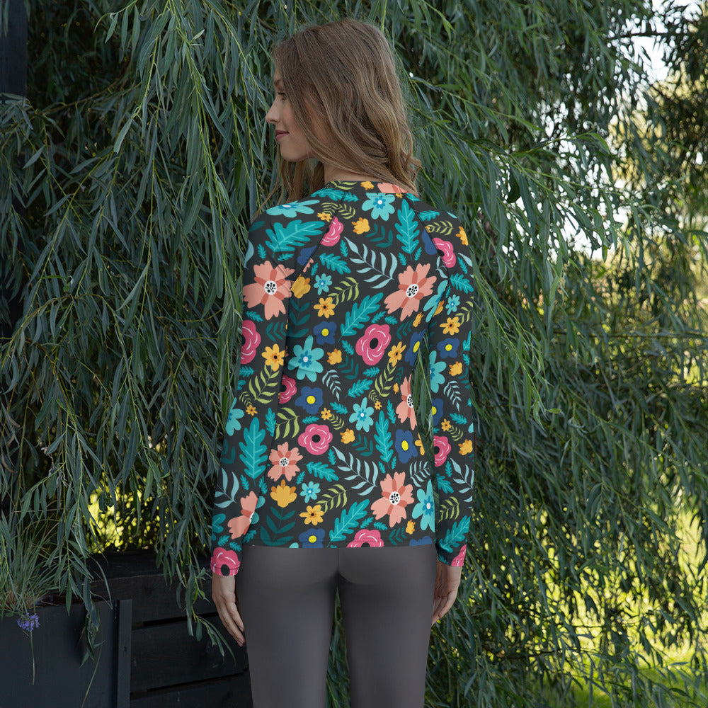 Women's Dark Green Floral Long Sleeve Rash Guard Swim Shirt – Buttery Soft, Sun Safe UPF 50+ Protection, Quick Dry & 4-Way Stretch Comfort