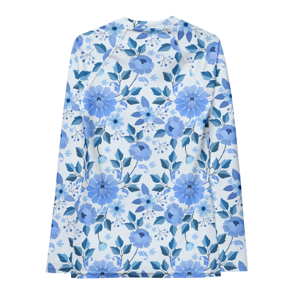 Women's Blue Floral Long Sleeve Rash Guard Swim Shirt – Buttery Soft, Sun Safe UPF 50+ Protection, Quick Dry & 4-Way Stretch Comfort