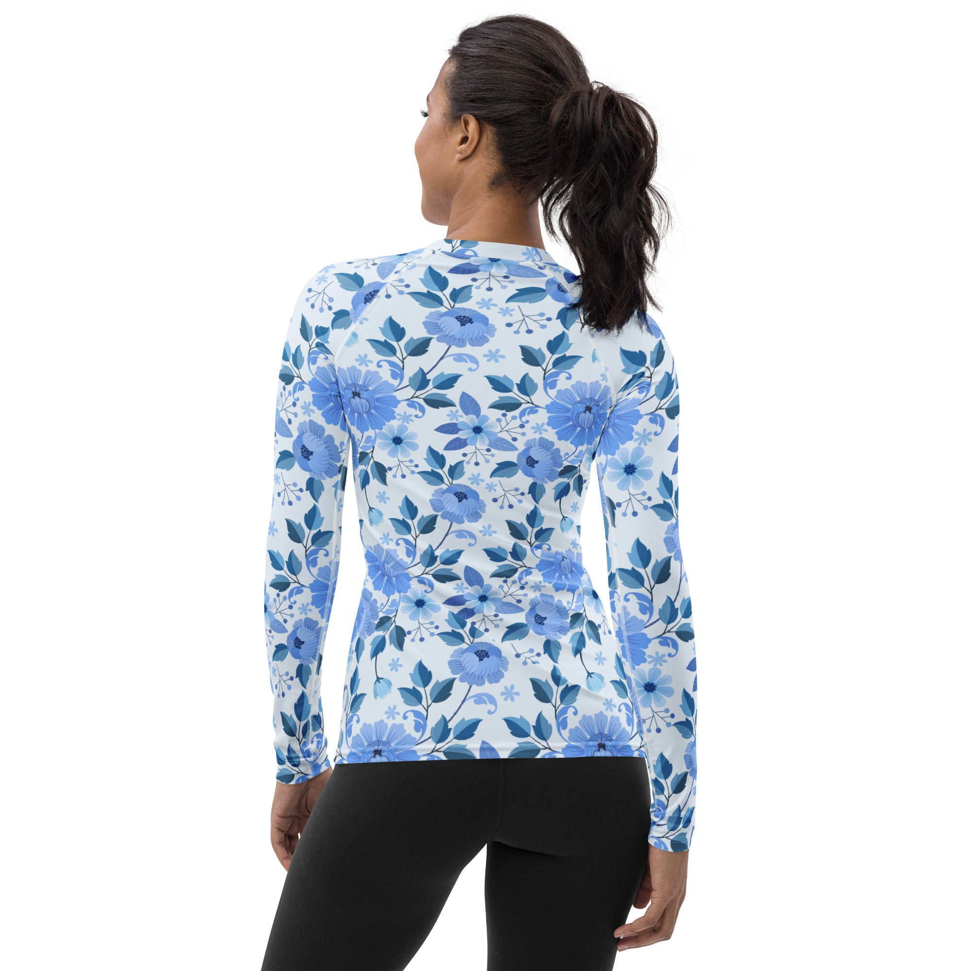 Women's Blue Floral Long Sleeve Rash Guard Swim Shirt – Buttery Soft, Sun Safe UPF 50+ Protection, Quick Dry & 4-Way Stretch Comfort