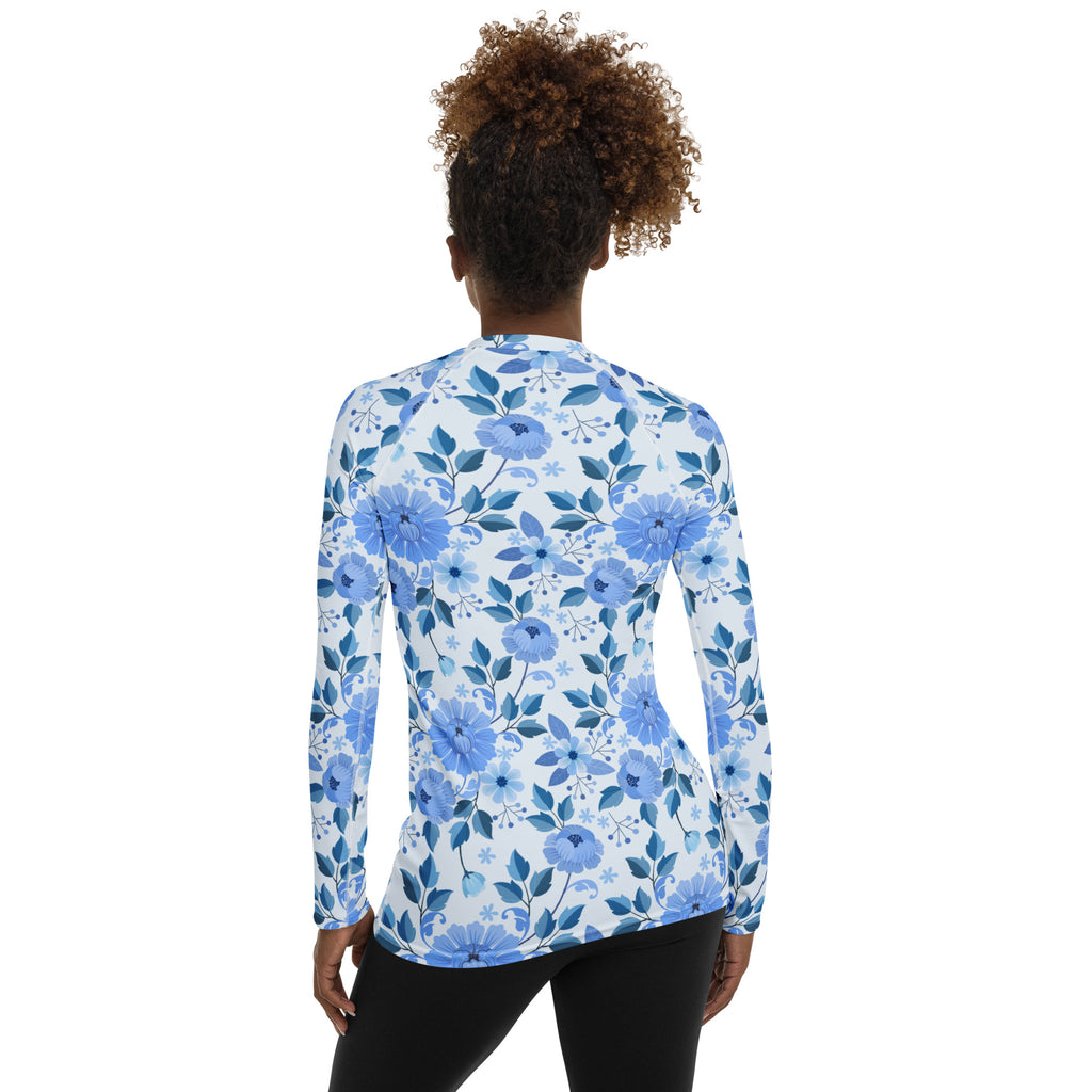 Women's Blue Floral Long Sleeve Rash Guard Swim Shirt – Buttery Soft, Sun Safe UPF 50+ Protection, Quick Dry & 4-Way Stretch Comfort
