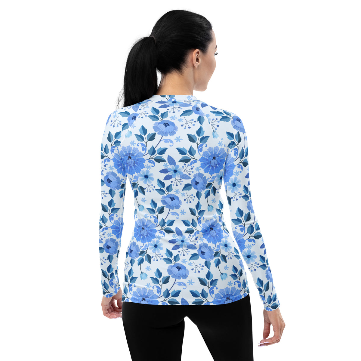 Women's Blue Floral Long Sleeve Rash Guard Swim Shirt – Buttery Soft, Sun Safe UPF 50+ Protection, Quick Dry & 4-Way Stretch Comfort