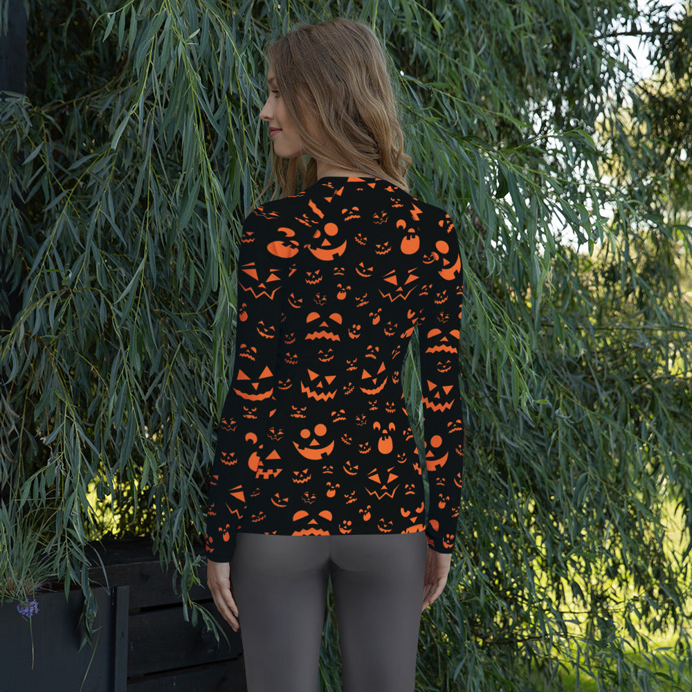 Women's Orange Jack O’ Lantern Long Sleeve Rash Guard Swim Shirt – Buttery Soft, Sun Safe UPF 50+ Protection, Quick Dry & 4-Way Stretch Comfort