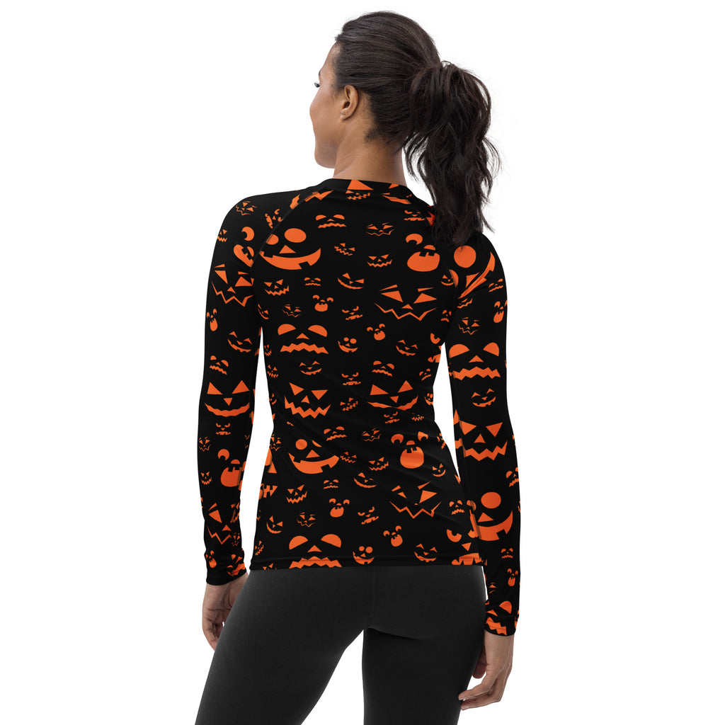 Women's Orange Jack O’ Lantern Long Sleeve Rash Guard Swim Shirt – Buttery Soft, Sun Safe UPF 50+ Protection, Quick Dry & 4-Way Stretch Comfort