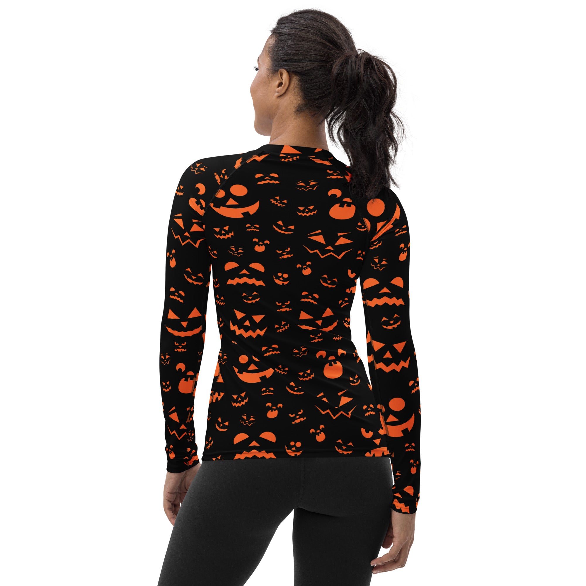 Women's Orange Jack O’ Lantern Long Sleeve Rash Guard Swim Shirt – Buttery Soft, Sun Safe UPF 50+ Protection, Quick Dry & 4-Way Stretch Comfort