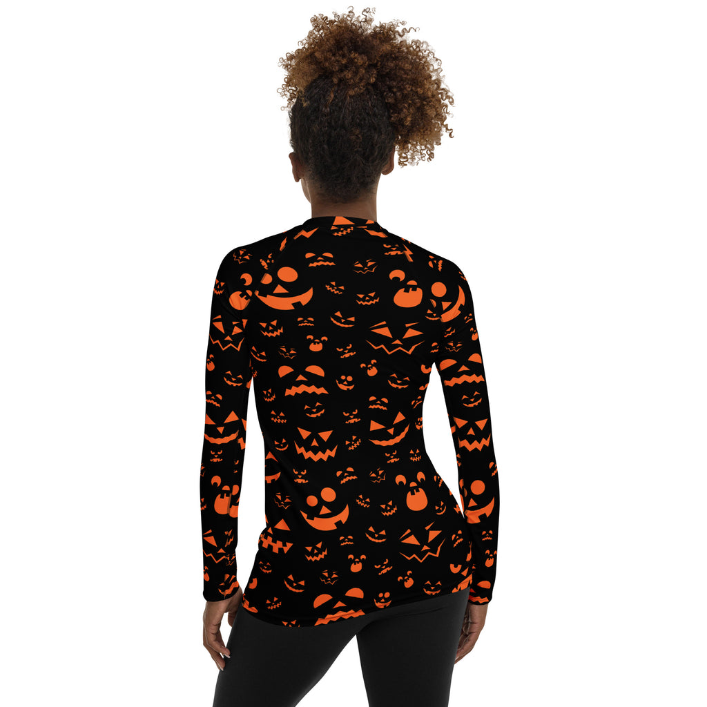 Women's Orange Jack O’ Lantern Long Sleeve Rash Guard Swim Shirt – Buttery Soft, Sun Safe UPF 50+ Protection, Quick Dry & 4-Way Stretch Comfort