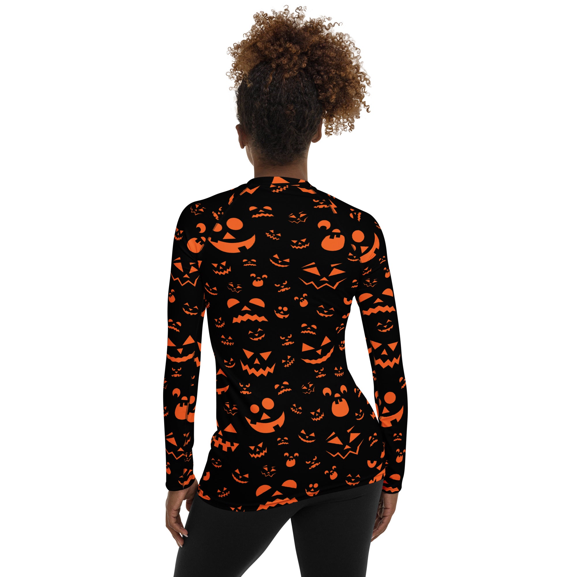 Women's Orange Jack O’ Lantern Long Sleeve Rash Guard Swim Shirt – Buttery Soft, Sun Safe UPF 50+ Protection, Quick Dry & 4-Way Stretch Comfort