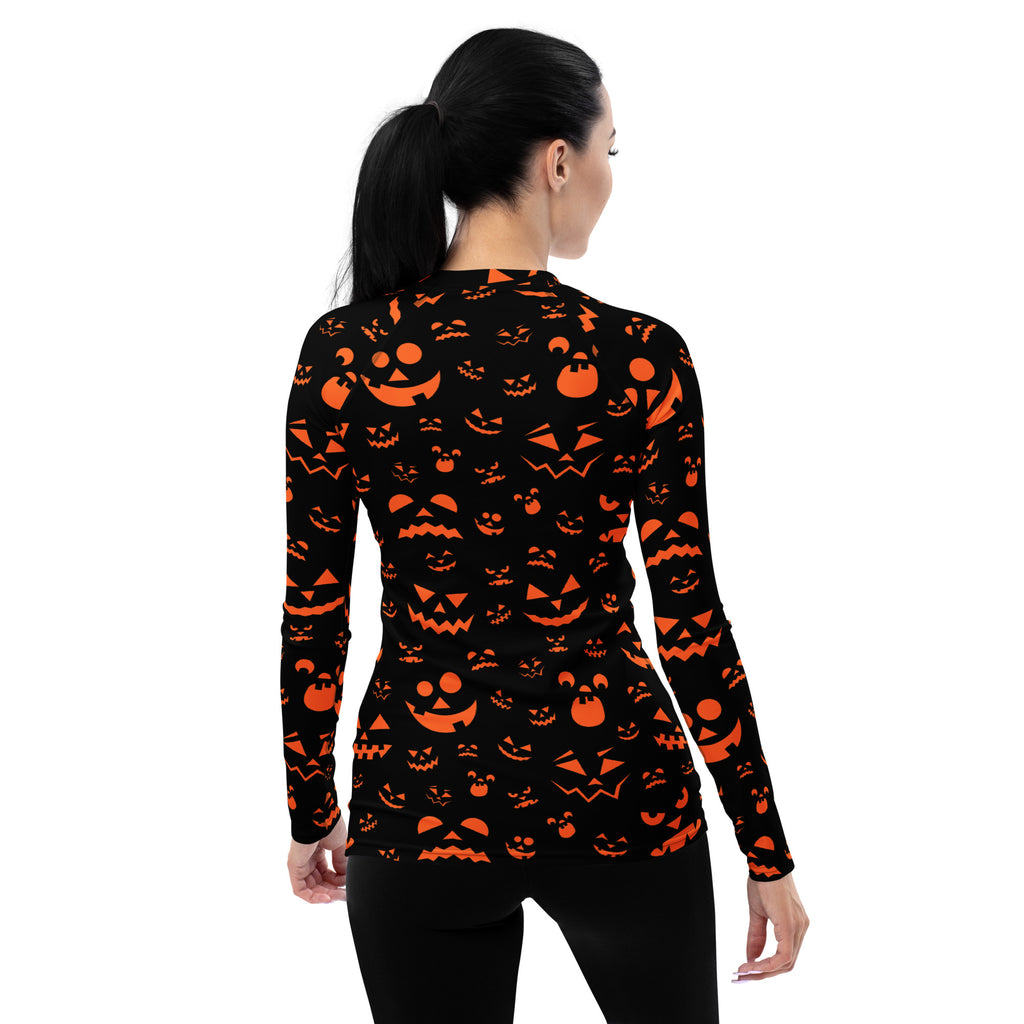 Women's Orange Jack O’ Lantern Long Sleeve Rash Guard Swim Shirt – Buttery Soft, Sun Safe UPF 50+ Protection, Quick Dry & 4-Way Stretch Comfort