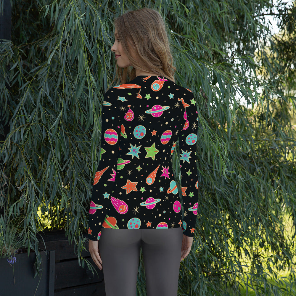 Women's Retro Neon Space Long Sleeve Rash Guard Swim Shirt – Buttery Soft, Sun Safe UPF 50+ Protection, Quick Dry & 4-Way Stretch Comfort