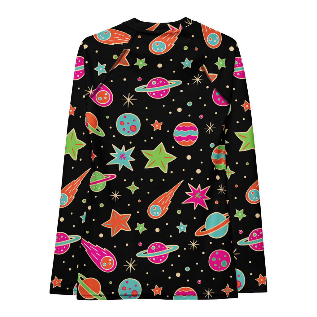 Women's Retro Neon Space Long Sleeve Rash Guard Swim Shirt – Buttery Soft, Sun Safe UPF 50+ Protection, Quick Dry & 4-Way Stretch Comfort
