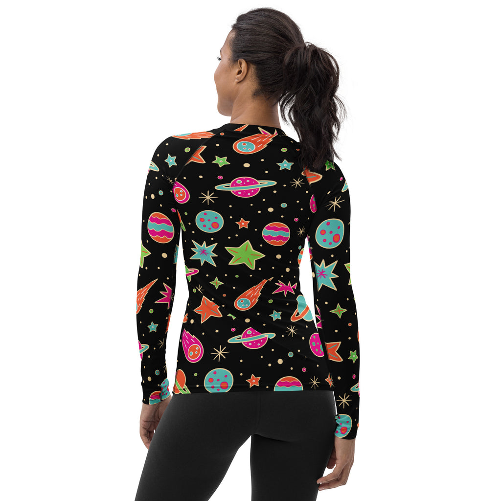 Women's Retro Neon Space Long Sleeve Rash Guard Swim Shirt – Buttery Soft, Sun Safe UPF 50+ Protection, Quick Dry & 4-Way Stretch Comfort