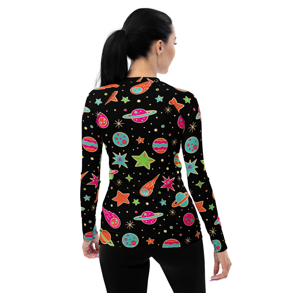 Women's Retro Neon Space Long Sleeve Rash Guard Swim Shirt – Buttery Soft, Sun Safe UPF 50+ Protection, Quick Dry & 4-Way Stretch Comfort