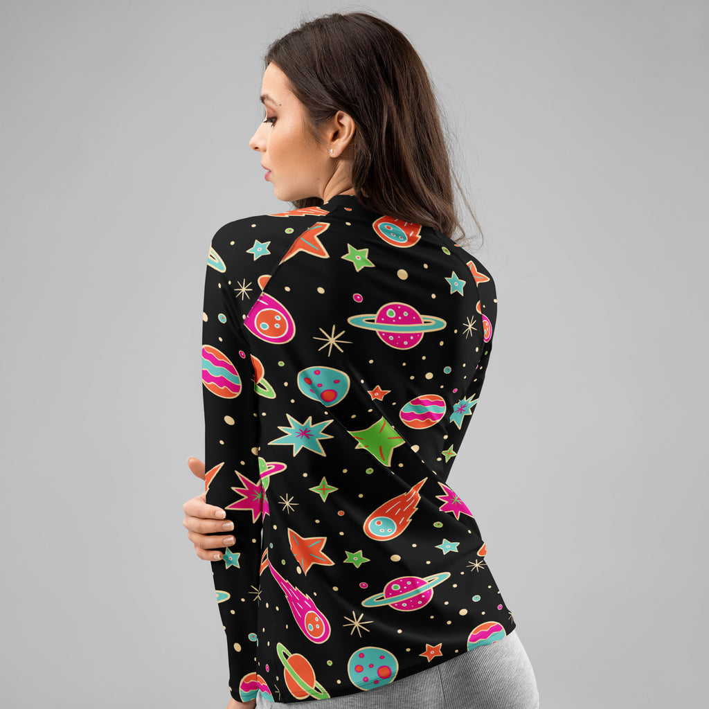 Women's Retro Neon Space Long Sleeve Rash Guard Swim Shirt – Buttery Soft, Sun Safe UPF 50+ Protection, Quick Dry & 4-Way Stretch Comfort