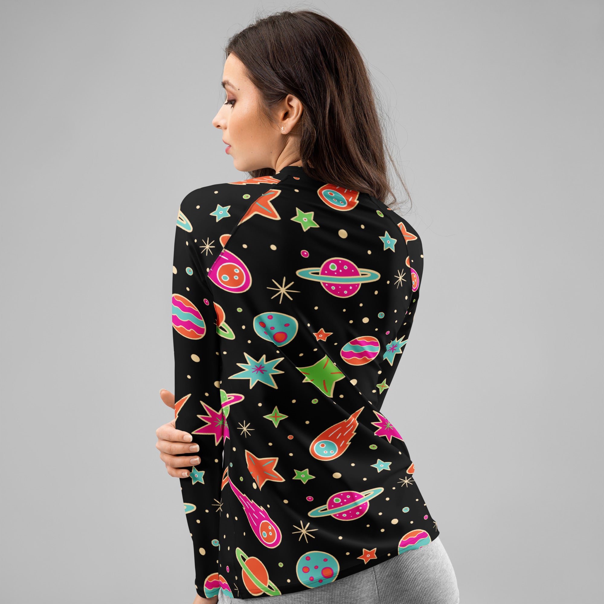 Women's Retro Neon Space Long Sleeve Rash Guard Swim Shirt – Buttery Soft, Sun Safe UPF 50+ Protection, Quick Dry & 4-Way Stretch Comfort