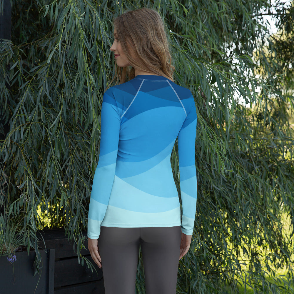 Women's Blue Ocean Waves Long Sleeve Rash Guard Swim Shirt – Buttery Soft, Sun Safe UPF 50+ Protection, Quick Dry & 4-Way Stretch Comfort