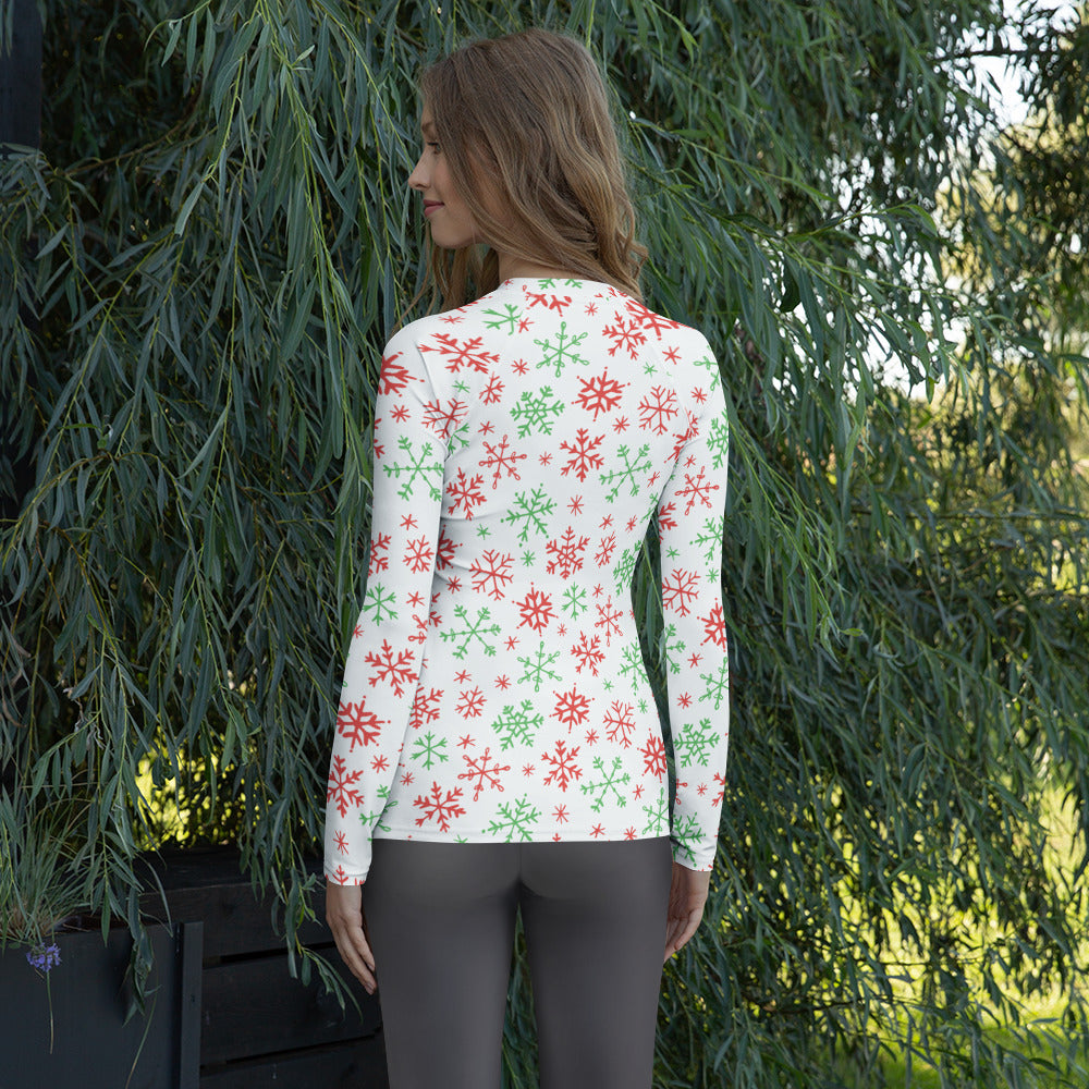 Women's Red & Green Snowflakes Long Sleeve Rash Guard Swim Shirt – Buttery Soft, Sun Safe UPF 50+ Protection, Quick Dry & 4-Way Stretch Comfort