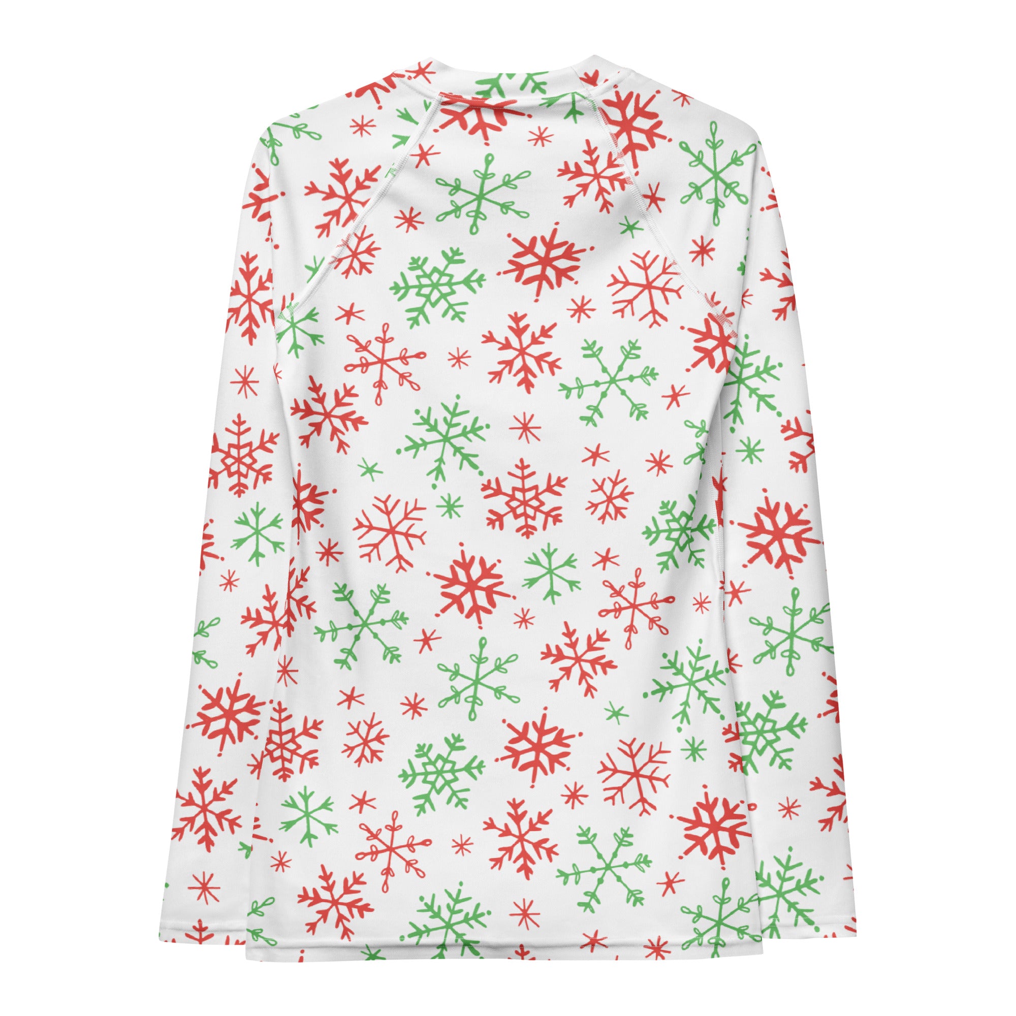 Women's Red & Green Snowflakes Long Sleeve Rash Guard Swim Shirt – Buttery Soft, Sun Safe UPF 50+ Protection, Quick Dry & 4-Way Stretch Comfort
