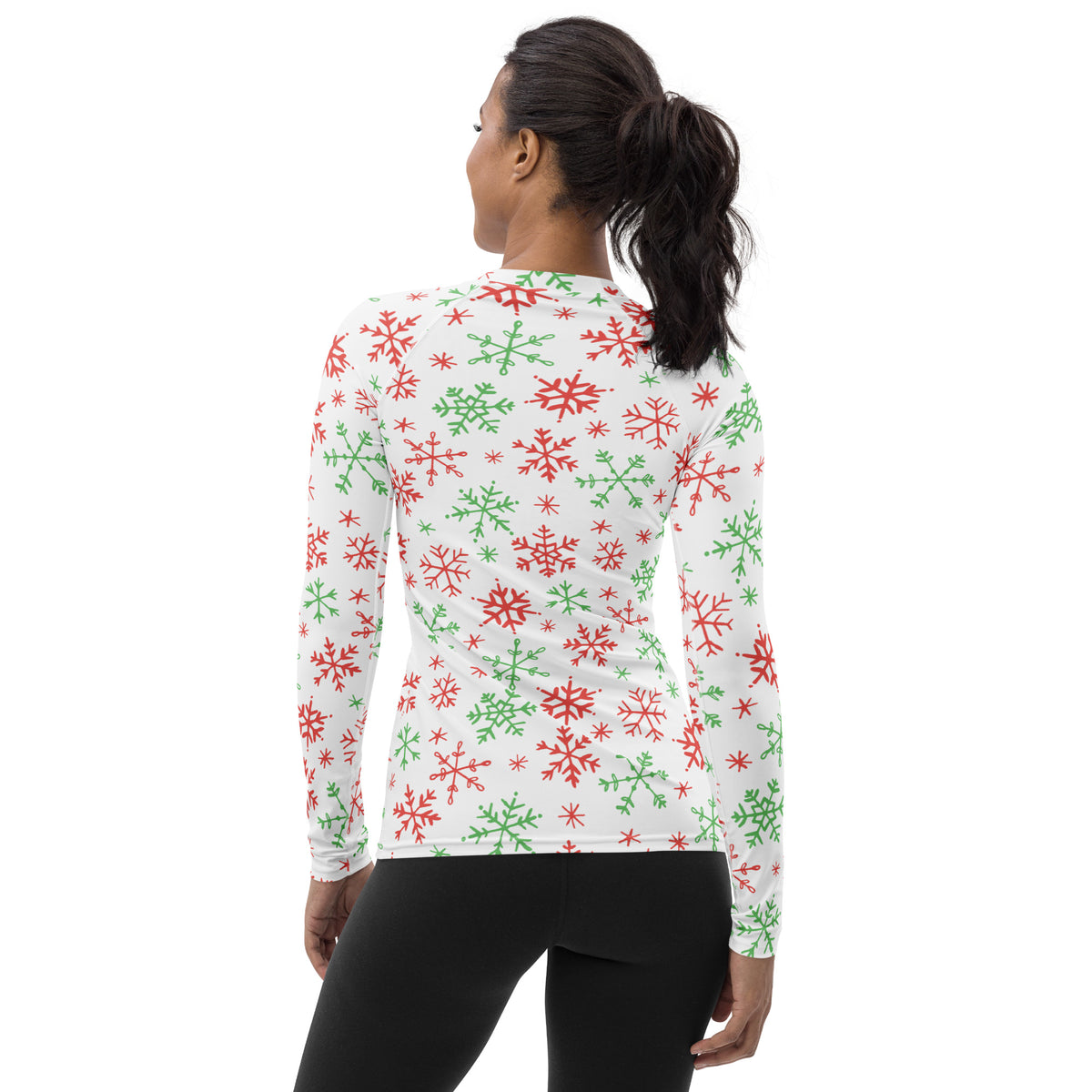 Women's Red & Green Snowflakes Long Sleeve Rash Guard Swim Shirt – Buttery Soft, Sun Safe UPF 50+ Protection, Quick Dry & 4-Way Stretch Comfort