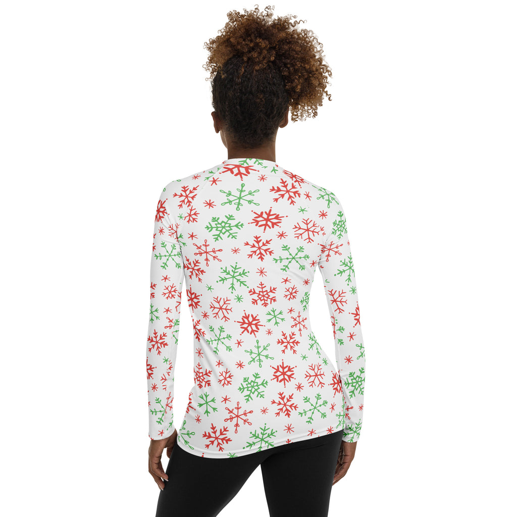 Women's Red & Green Snowflakes Long Sleeve Rash Guard Swim Shirt – Buttery Soft, Sun Safe UPF 50+ Protection, Quick Dry & 4-Way Stretch Comfort