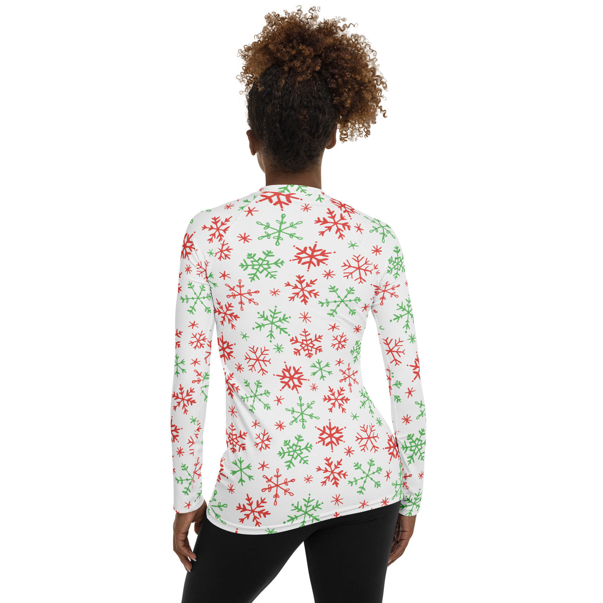 Women's Red & Green Snowflakes Long Sleeve Rash Guard Swim Shirt – Buttery Soft, Sun Safe UPF 50+ Protection, Quick Dry & 4-Way Stretch Comfort