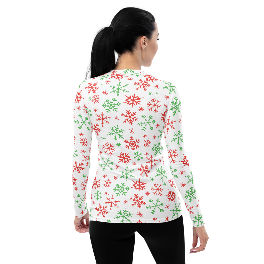 Women's Red & Green Snowflakes Long Sleeve Rash Guard Swim Shirt – Buttery Soft, Sun Safe UPF 50+ Protection, Quick Dry & 4-Way Stretch Comfort