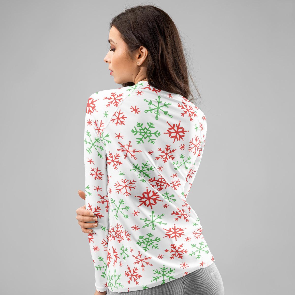 Women's Red & Green Snowflakes Long Sleeve Rash Guard Swim Shirt – Buttery Soft, Sun Safe UPF 50+ Protection, Quick Dry & 4-Way Stretch Comfort