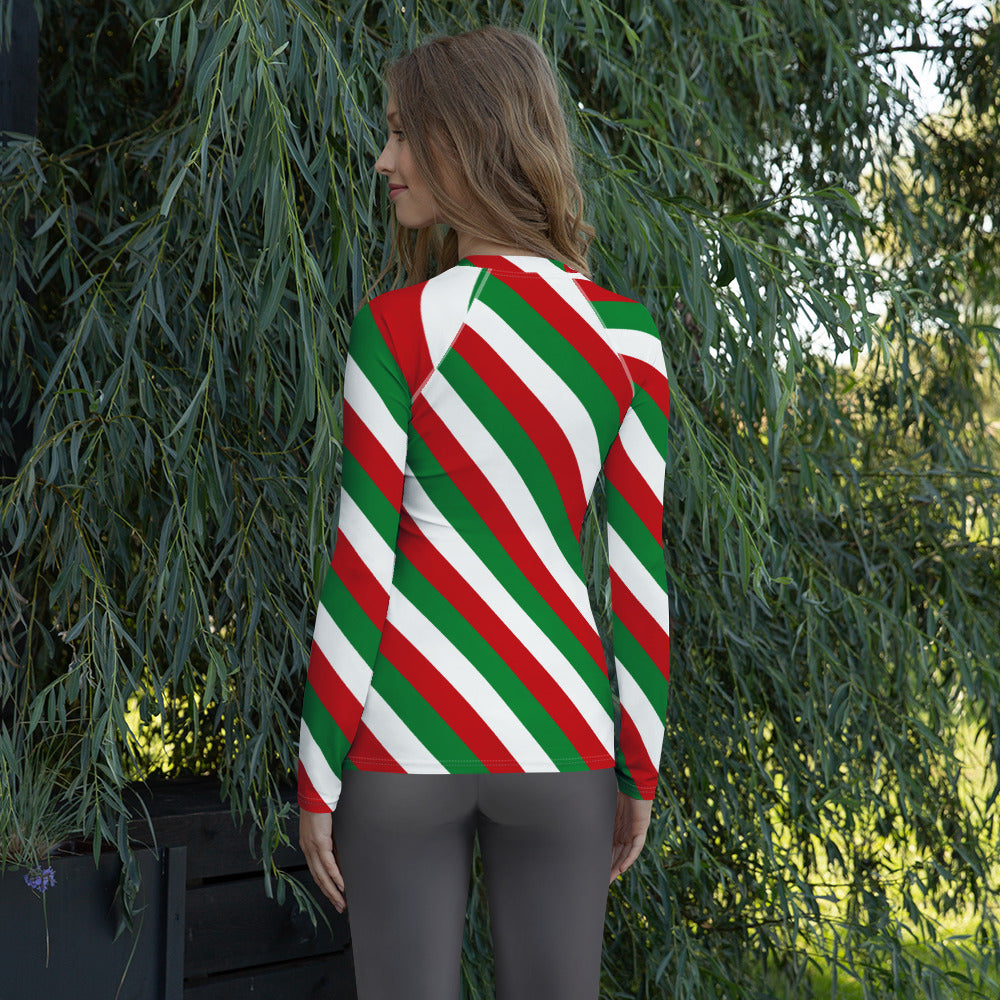 Women's Christmas Candy Cane Stripe Long Sleeve Rash Guard Swim Shirt – Buttery Soft, Sun Safe UPF 50+ Protection, Quick Dry & 4-Way Stretch Comfort