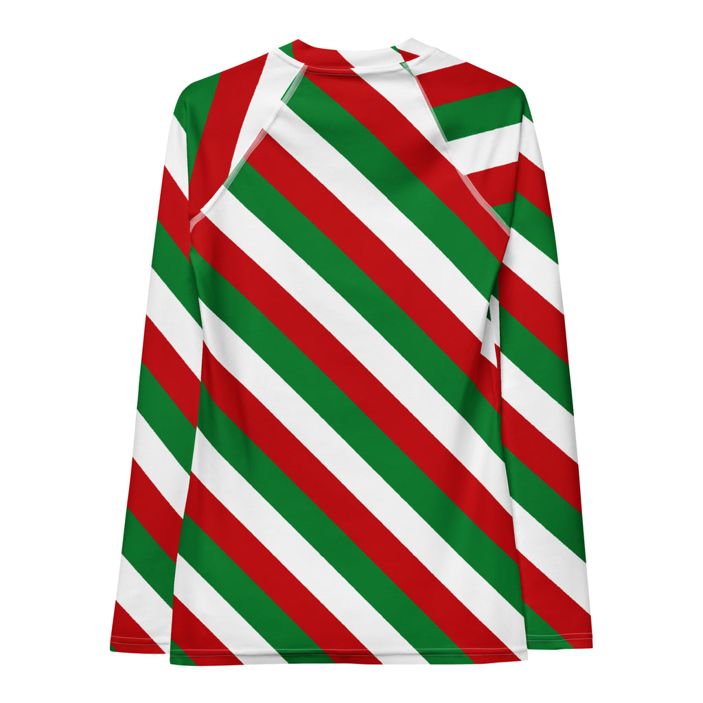 Women's Christmas Candy Cane Stripe Long Sleeve Rash Guard Swim Shirt – Buttery Soft, Sun Safe UPF 50+ Protection, Quick Dry & 4-Way Stretch Comfort