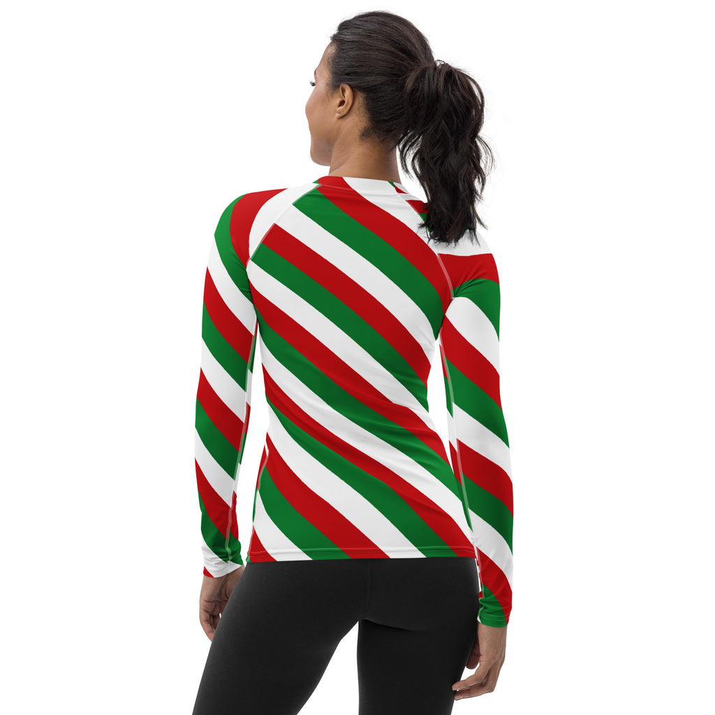 Women's Christmas Candy Cane Stripe Long Sleeve Rash Guard Swim Shirt – Buttery Soft, Sun Safe UPF 50+ Protection, Quick Dry & 4-Way Stretch Comfort