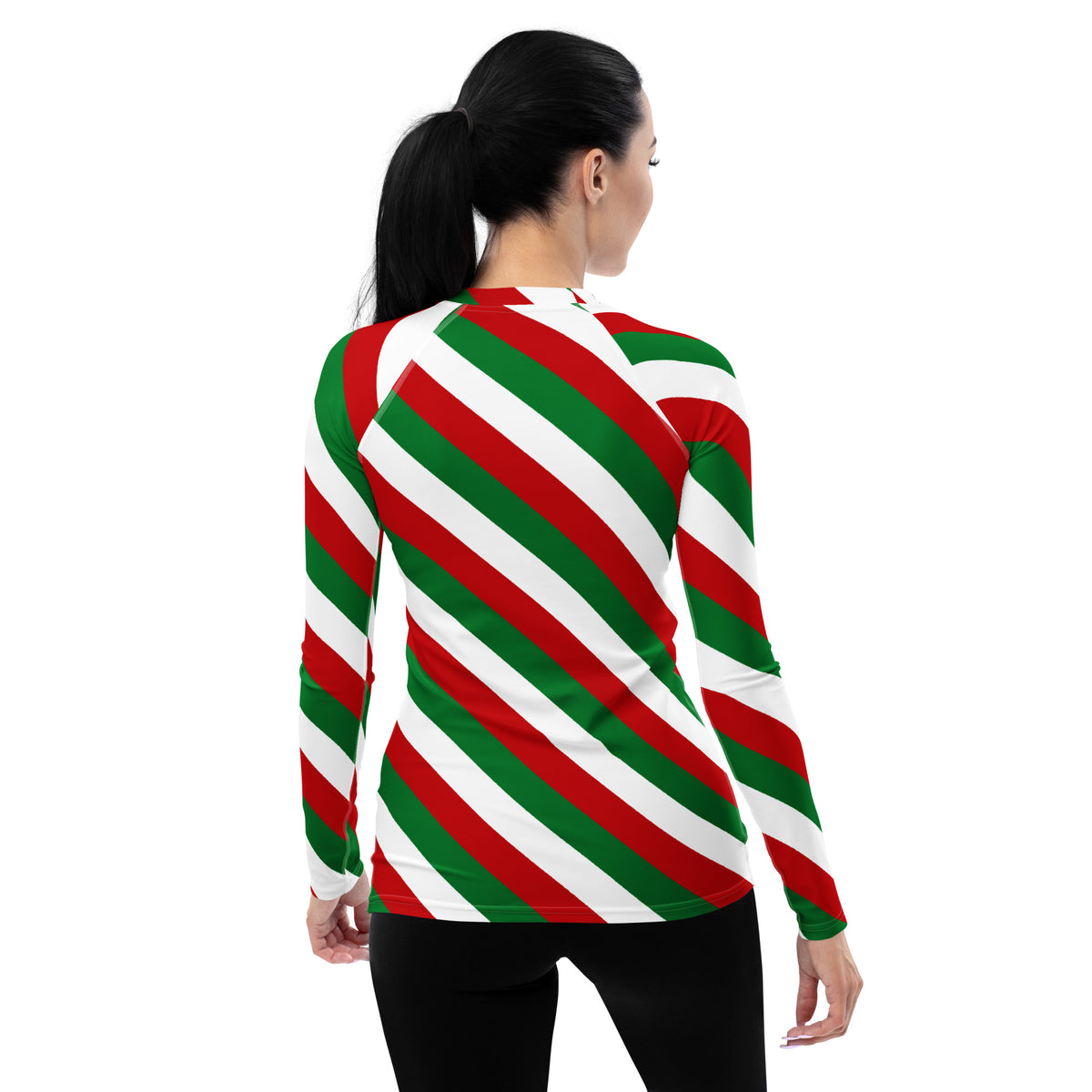 Women's Christmas Candy Cane Stripe Long Sleeve Rash Guard Swim Shirt – Buttery Soft, Sun Safe UPF 50+ Protection, Quick Dry & 4-Way Stretch Comfort