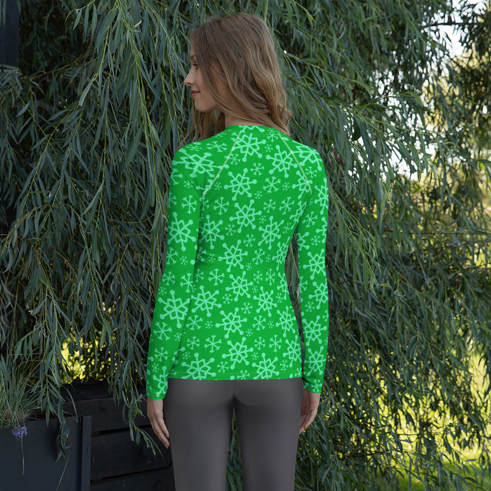 Women's Green Christmas Snowflake Long Sleeve Rash Guard Swim Shirt – Buttery Soft, Sun Safe UPF 50+ Protection, Quick Dry & 4-Way Stretch Comfort