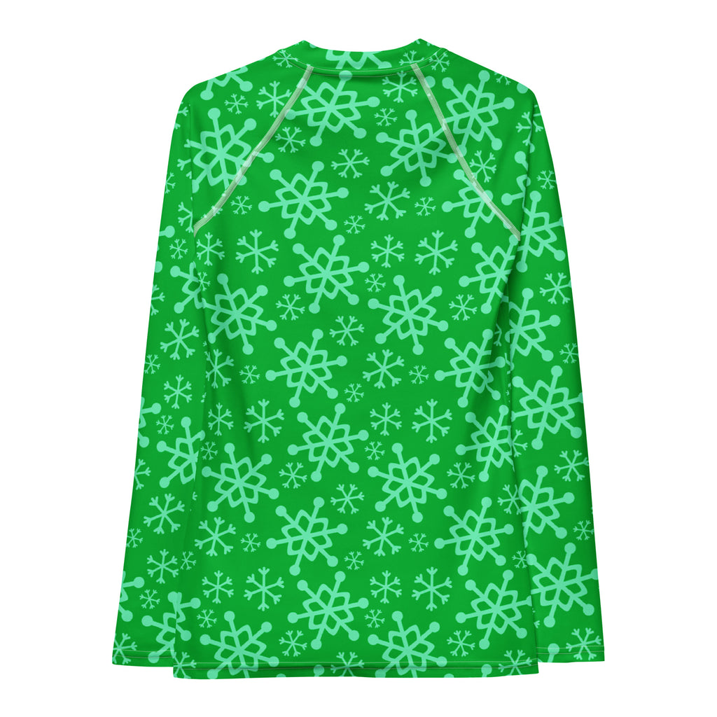 Women's Green Christmas Snowflake Long Sleeve Rash Guard Swim Shirt – Buttery Soft, Sun Safe UPF 50+ Protection, Quick Dry & 4-Way Stretch Comfort
