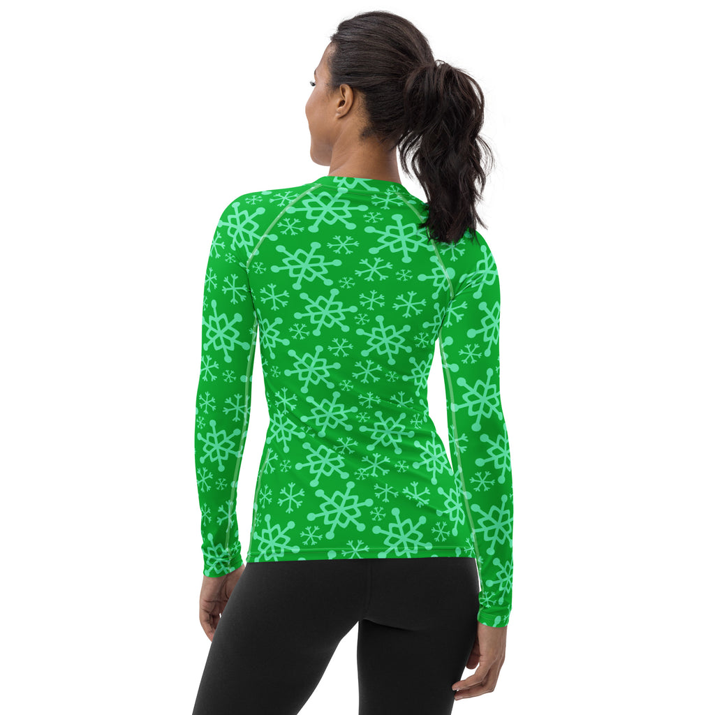 Women's Green Christmas Snowflake Long Sleeve Rash Guard Swim Shirt – Buttery Soft, Sun Safe UPF 50+ Protection, Quick Dry & 4-Way Stretch Comfort