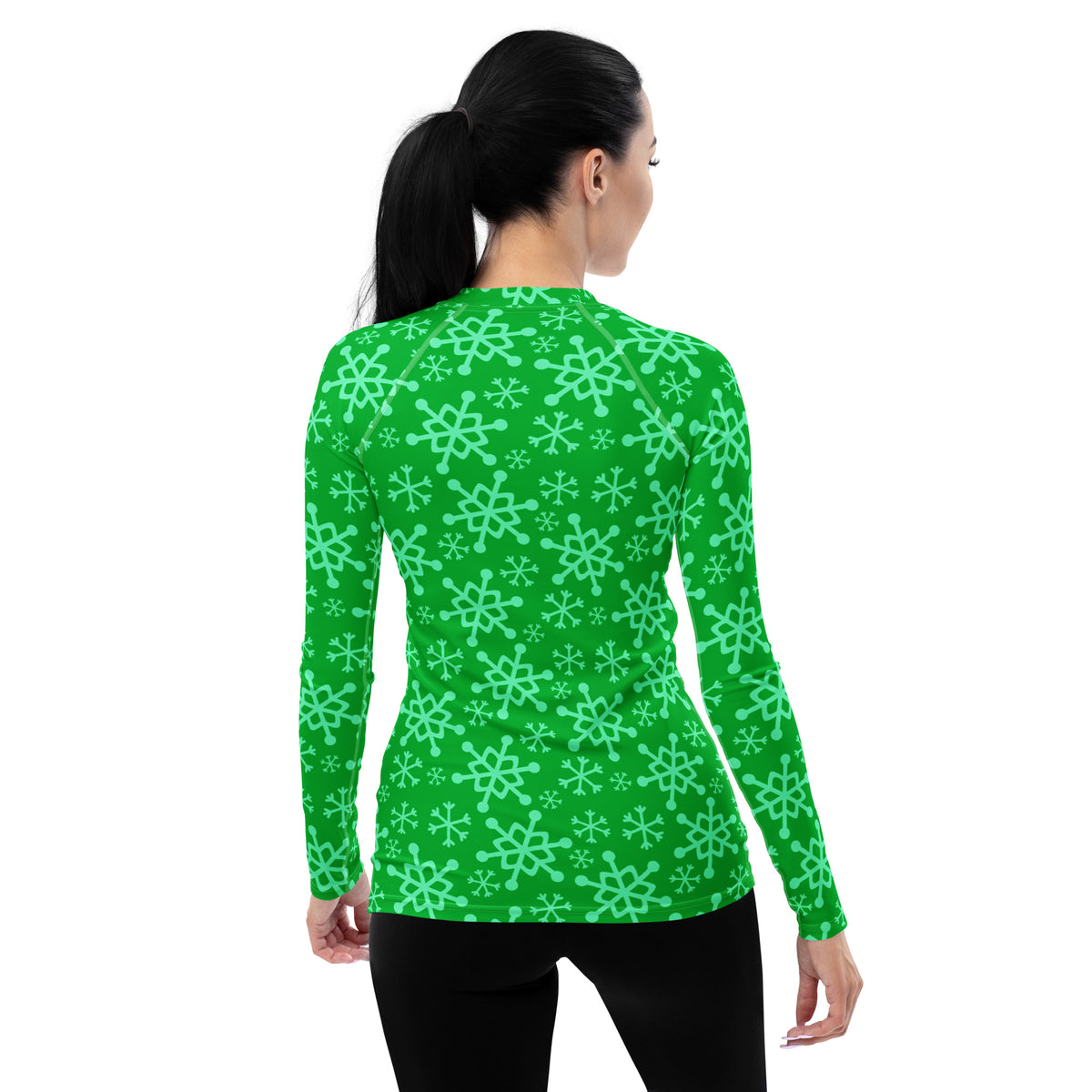 Women's Green Christmas Snowflake Long Sleeve Rash Guard Swim Shirt – Buttery Soft, Sun Safe UPF 50+ Protection, Quick Dry & 4-Way Stretch Comfort