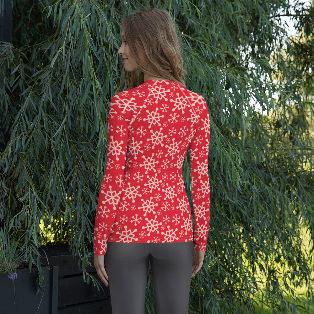Women's Red Christmas Snowflake Long Sleeve Rash Guard Swim Shirt – Buttery Soft, Sun Safe UPF 50+ Protection, Quick Dry & 4-Way Stretch Comfort