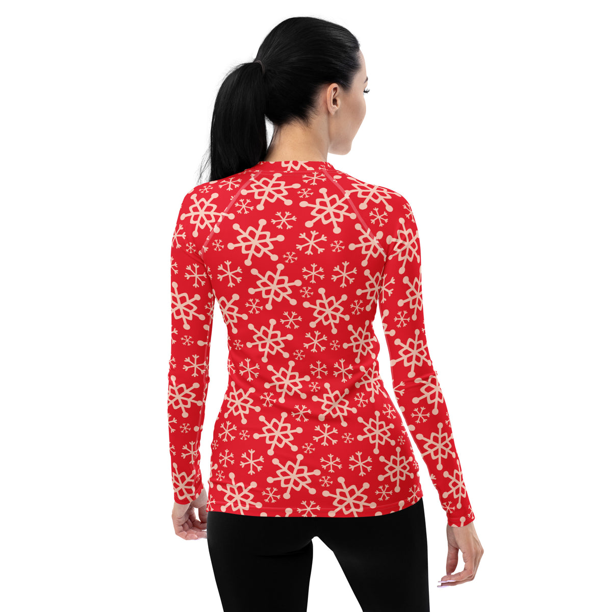 Women's Red Christmas Snowflake Long Sleeve Rash Guard Swim Shirt – Buttery Soft, Sun Safe UPF 50+ Protection, Quick Dry & 4-Way Stretch Comfort
