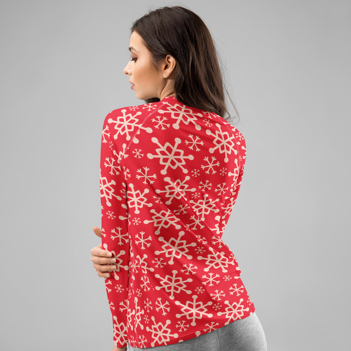 Women's Red Christmas Snowflake Long Sleeve Rash Guard Swim Shirt – Buttery Soft, Sun Safe UPF 50+ Protection, Quick Dry & 4-Way Stretch Comfort
