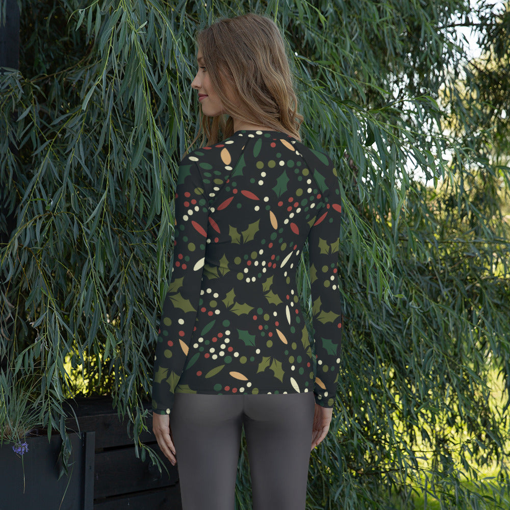 Women's Christmas Holly Berry Long Sleeve Rash Guard Swim Shirt – Buttery Soft, Sun Safe UPF 50+ Protection, Quick Dry & 4-Way Stretch Comfort