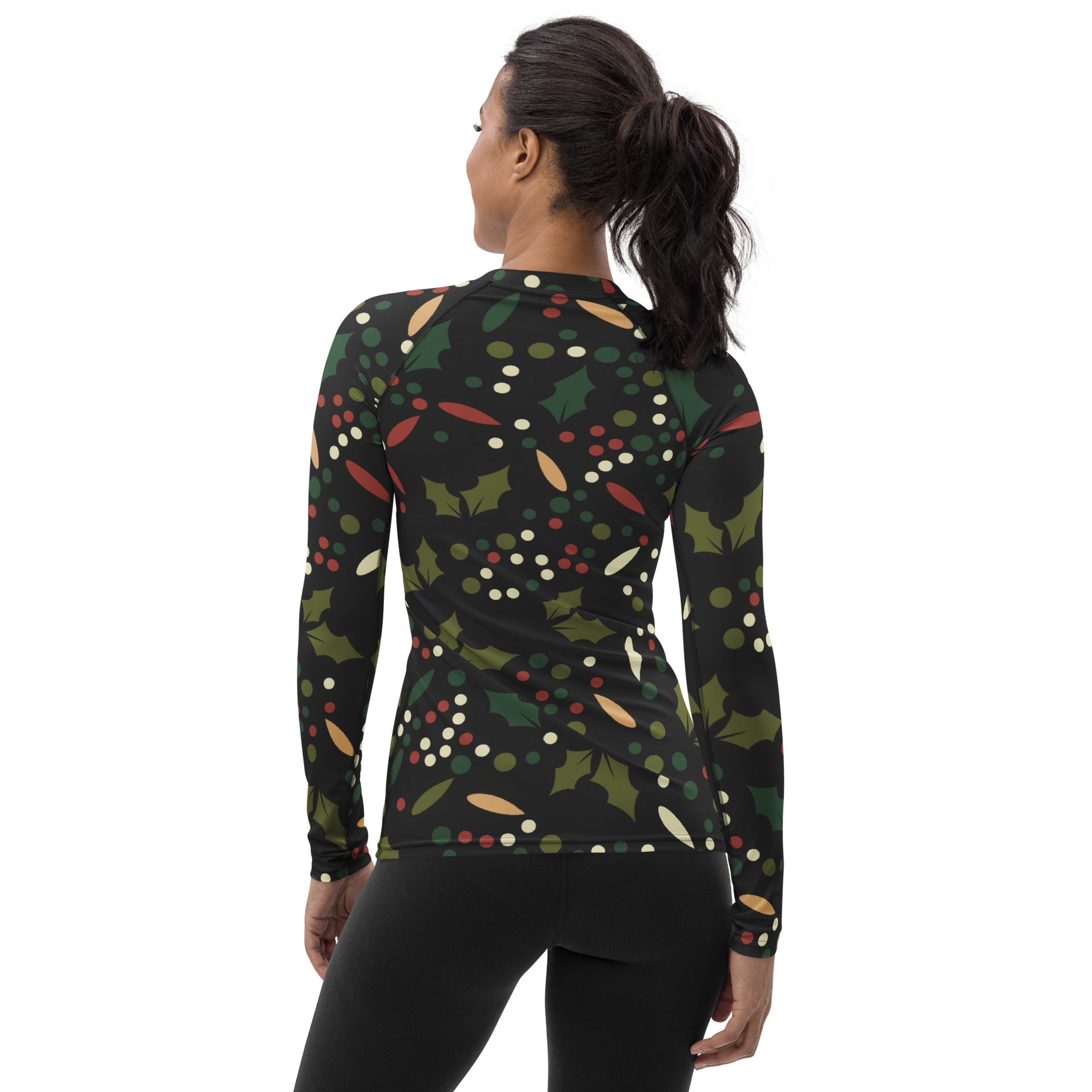 Women's Christmas Holly Berry Long Sleeve Rash Guard Swim Shirt – Buttery Soft, Sun Safe UPF 50+ Protection, Quick Dry & 4-Way Stretch Comfort