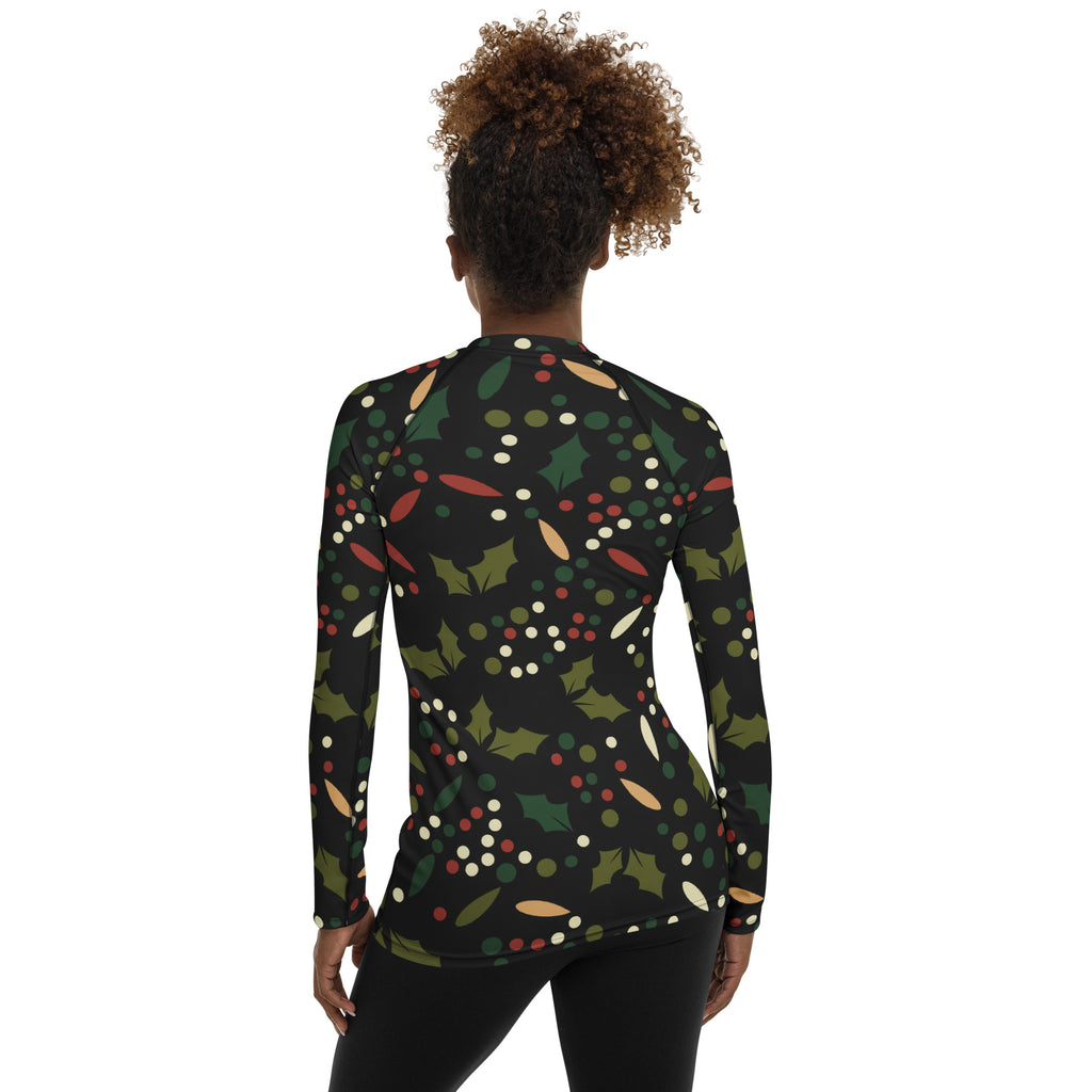 Women's Christmas Holly Berry Long Sleeve Rash Guard Swim Shirt – Buttery Soft, Sun Safe UPF 50+ Protection, Quick Dry & 4-Way Stretch Comfort