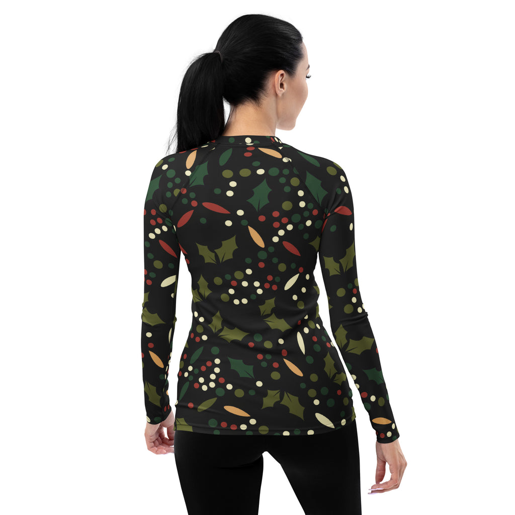 Women's Christmas Holly Berry Long Sleeve Rash Guard Swim Shirt – Buttery Soft, Sun Safe UPF 50+ Protection, Quick Dry & 4-Way Stretch Comfort