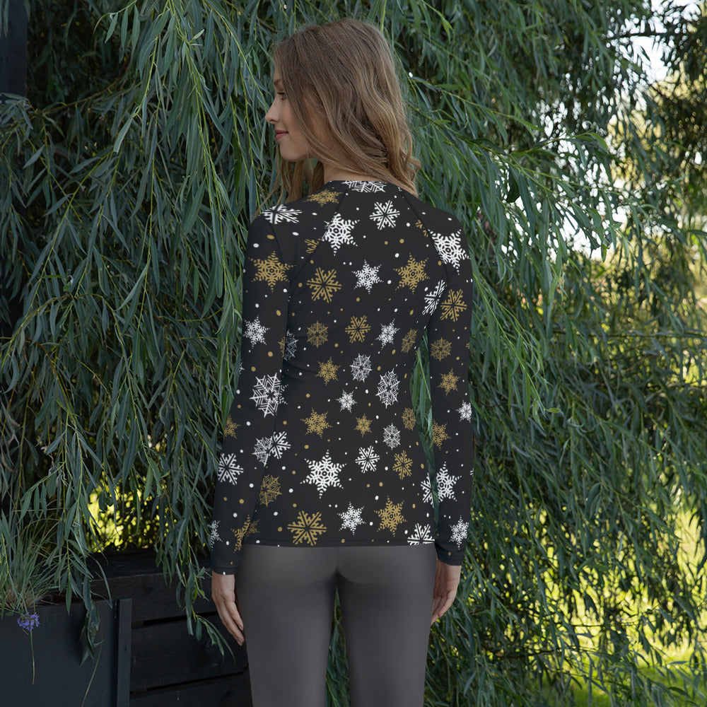Women's Black & Gold Snowflake Long Sleeve Rash Guard Swim Shirt – Buttery Soft, Sun Safe UPF 50+ Protection, Quick Dry & 4-Way Stretch Comfort