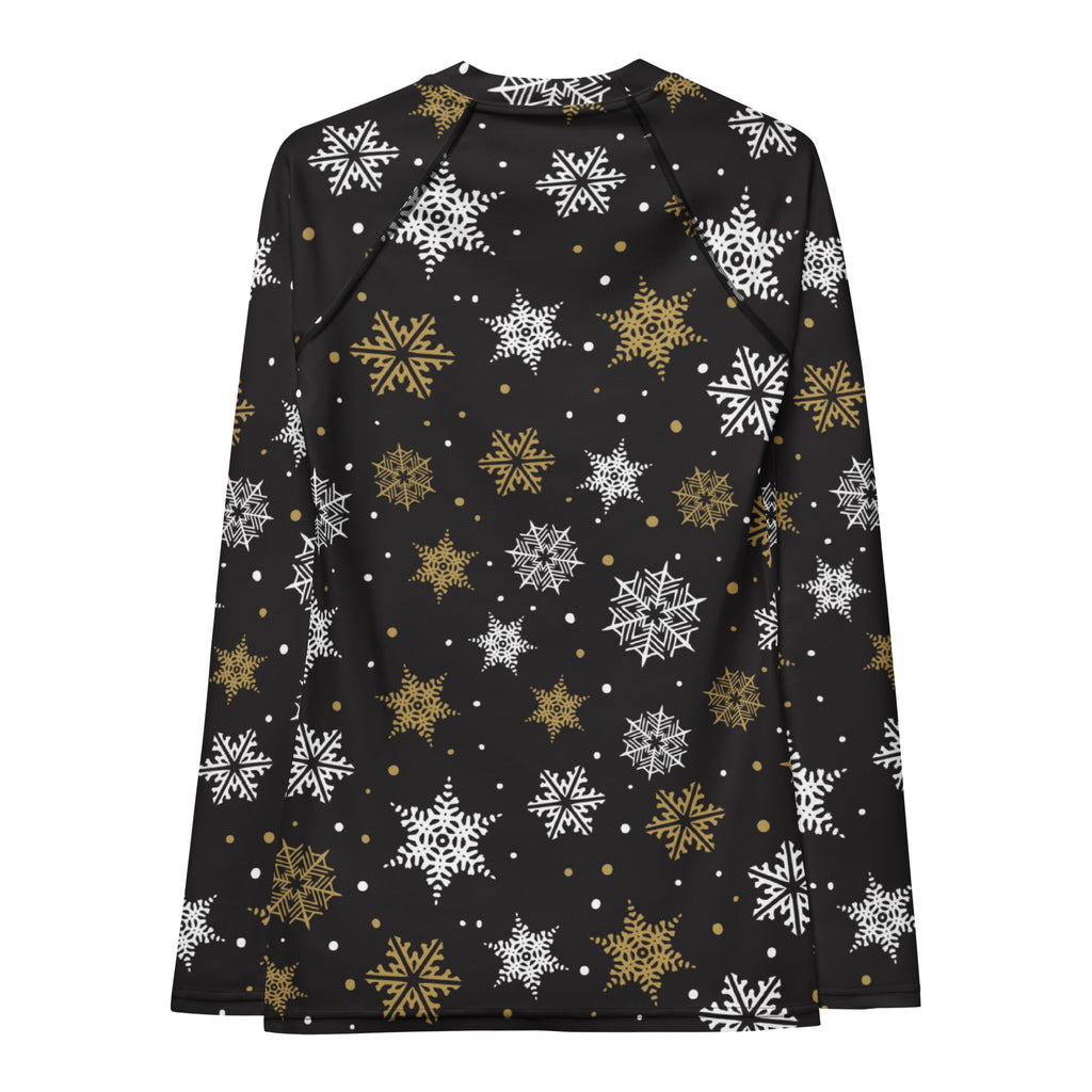 Women's Black & Gold Snowflake Long Sleeve Rash Guard Swim Shirt – Buttery Soft, Sun Safe UPF 50+ Protection, Quick Dry & 4-Way Stretch Comfort