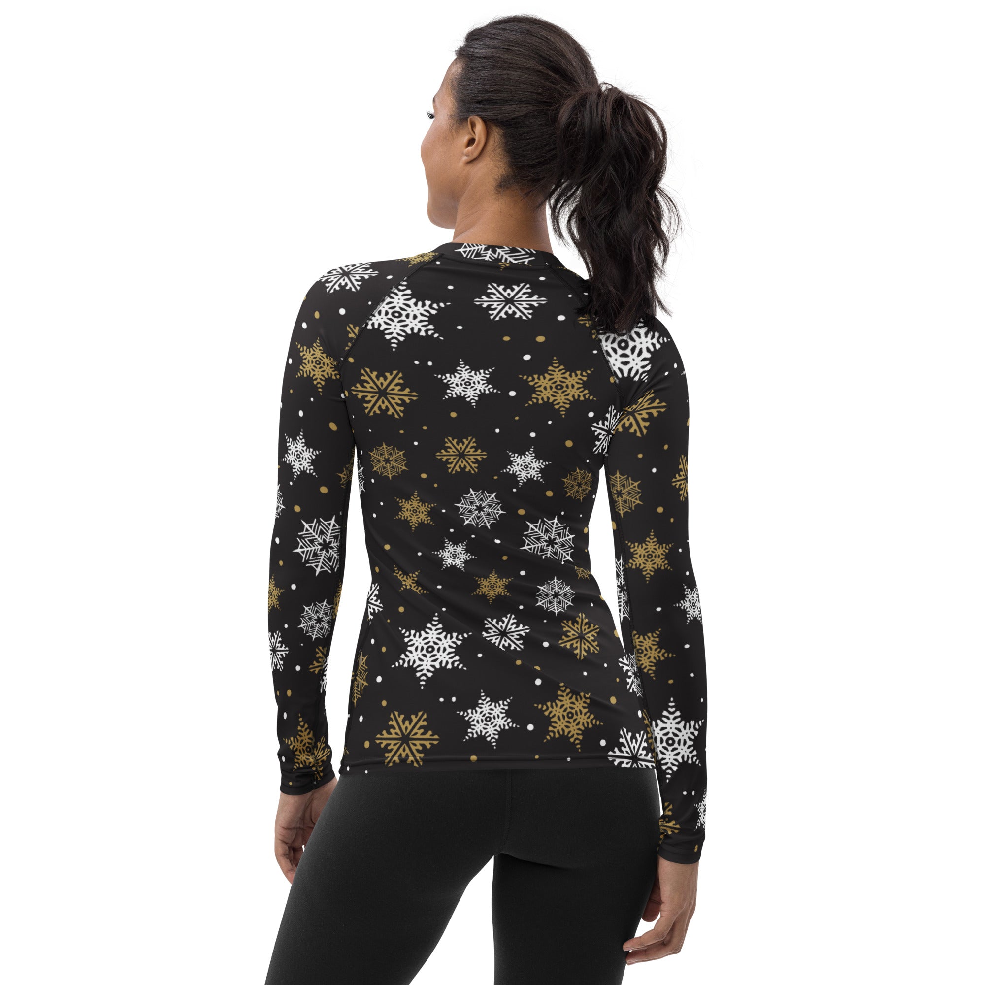 Women's Black & Gold Snowflake Long Sleeve Rash Guard Swim Shirt – Buttery Soft, Sun Safe UPF 50+ Protection, Quick Dry & 4-Way Stretch Comfort