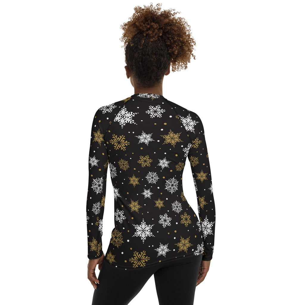 Women's Black & Gold Snowflake Long Sleeve Rash Guard Swim Shirt – Buttery Soft, Sun Safe UPF 50+ Protection, Quick Dry & 4-Way Stretch Comfort